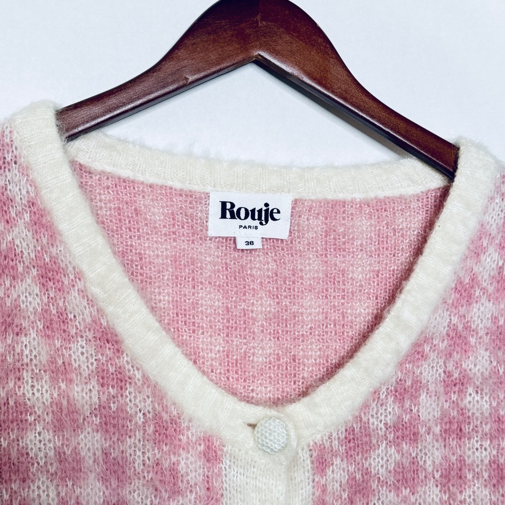 Rouje Pink Ronny Cardigan Plaid Coquette Sweater Soft Fuzzy Top SZ Small FR 36 - Picture 6 of 16
